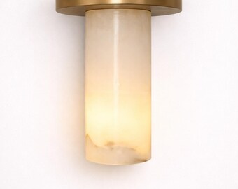 Modern Brass Alabaster Cylinder Wall Sconce, Mid Century Stone Light Lamp