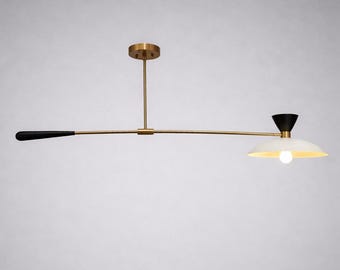 Modern Linear Pendant Light, Brass & Black Ceiling Fixture with White Disc Shade, Minimalist Kitchen Island Dining Room Hanging Lamp