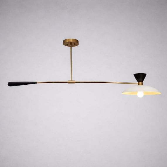 Modern Linear Pendant Light, Brass & Black Ceiling Fixture with White Disc Shade, Minimalist Kitchen Island Dining Room Hanging Lamp