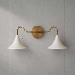 Modern Brass Double Wall Sconce Vanity Light with White Shades, Mid Century Hardwired Bathroom Fixture for Bedroom, Hallway & Mirror Decor