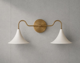 Modern Brass Double Wall Sconce Vanity Light with White Shades, Mid Century Hardwired Bathroom Fixture for Bedroom, Hallway & Mirror Decor