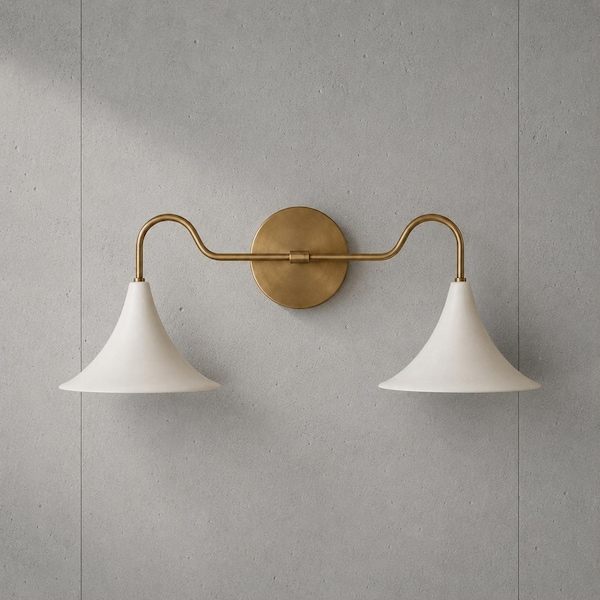 Modern Brass Double Wall Sconce Vanity Light with White Shades, Mid Century Hardwired Bathroom Fixture for Bedroom, Hallway & Mirror Decor