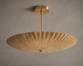 Mid Century Brass Flush Mount Ceiling Light, Handmade Sculptural Bowl Fixture, Vintage Modern Brass Lighting, Designer Vintage Brass Fixture