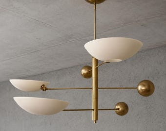Mid Century Modern Brass Chandelier, Metal Bowl Shade Ceiling Light, Sculptural 3 Tier Pendant for Dining Room Living Room Decor