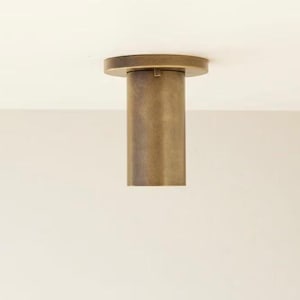 May include: A bronze-colored, cylindrical ceiling light fixture. The fixture has a circular base and a downward-facing, tubular body. The light is mounted on a white ceiling, creating a minimalist aesthetic.