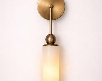 真鍮製縦型アラバスター壁掛け照明、モダンミニマルバスルーム洗面化粧台照明、ミッドセンチュリーストーン壁掛けランプ、デザイナーズ真鍮照明