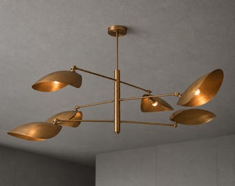 Mid Century Brass Leaf Chandelier: Gold Ceiling Light Fixture, Modern Dining Room Ceiling Lamp