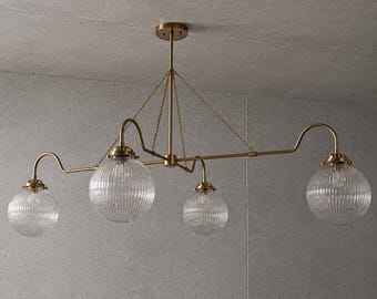 Four Globe Brass Chandelier: Mid Century Modern Ceiling Light, Kitchen Island Pendant Lamp