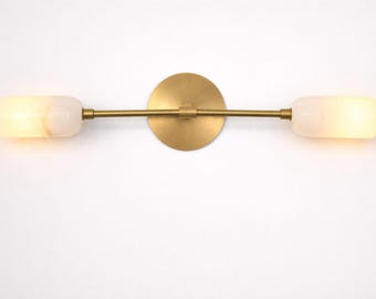 Modern Brass Alabaster Double Wall Sconce, Mid Century Bathroom Vanity Light, Minimalist Brass Wall Lamp, Luxury Stone Lighting Fixture