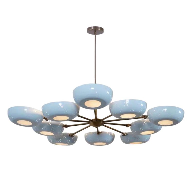 May include: A modern chandelier with a bronze finish and twelve light blue, bowl-shaped shades. Each shade has a speckled pattern and a warm white light. The fixture is suspended from a matching bronze rod.