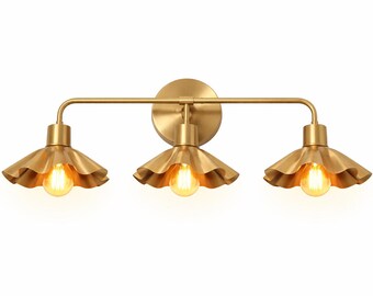 Mid Century Brass 3 Light Vanity Sconce, Scalloped Shade Bathroom Wall Light, Vintage Brass Vanity Lighting, Art Deco Wall Lamp Fixture