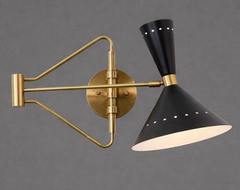 Stilnovo Adjustable Swing Arm Wall Lamp – Mid Century Modern Brass Diabolo Cone Sconce, Industrial Reading Light