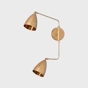 Handcrafted Twin Shade Wall Sconce – Dual Light Brass Bedside Lamp with Curved Arms, Vintage-Inspired Pendant Design