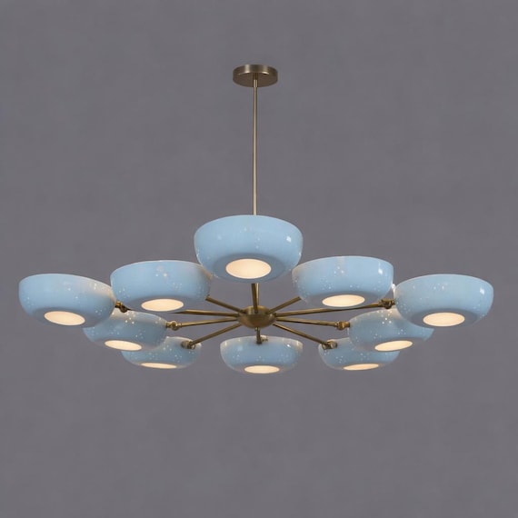 Flowerpetal Chandelier Perforated Bowl Shade Stilnovo Style, Mid Century Modern Pastel Flower Shape Brass Sputnik Ceiling Light Fixture
