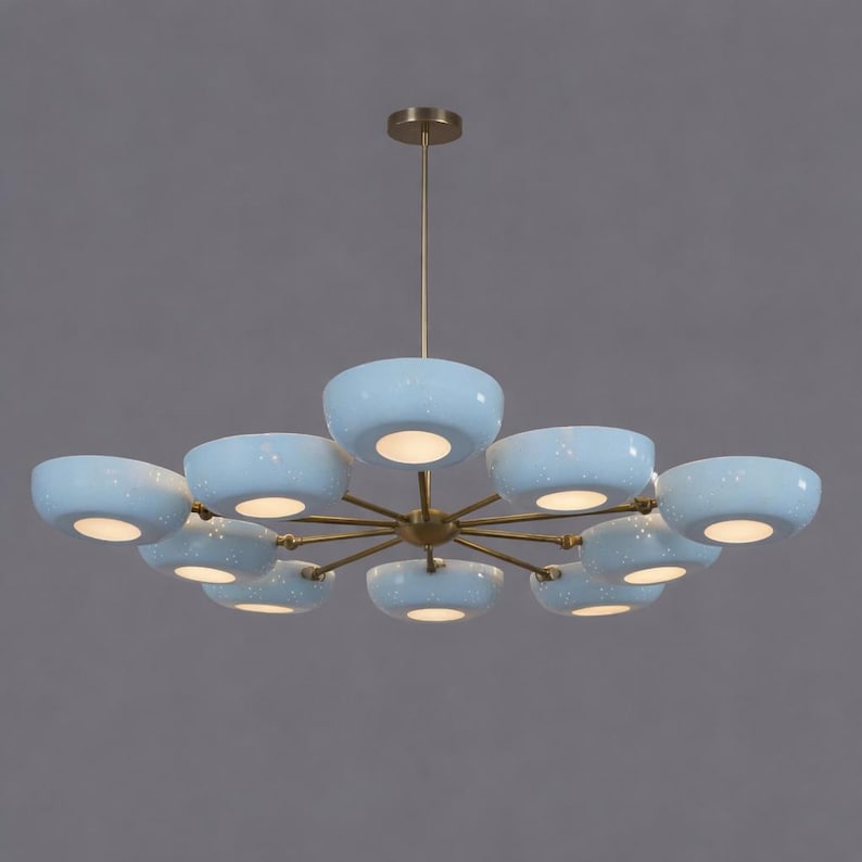 Flowerpetal Chandelier Perforated Bowl Shade Stilnovo Style, Mid Century Modern Pastel Flower Shape Brass Sputnik Ceiling Light Fixture image 1