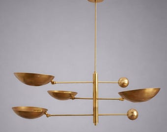 Mid Century Modern Brass Bowl Chandelier, Adjustable Arm Pendant Light, Italian Vintage Style Ceiling Fixture for Dining Room Living