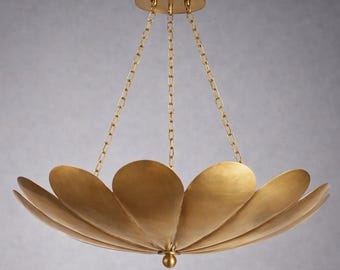 ミッドセンチュリーモダン真鍮ボウルシャンデリア、ハンドメイドロータスペンダントライト、ダイニングリビングルーム用ヴィンテージ真鍮天井照明
