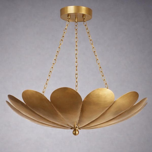 Mid Century Modern Brass Bowl Chandelier, Handmade Lotus Pendant Light, Vintage Brass Ceiling Fixture for Dining Living Room
