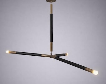 Modern Linear LED Chandelier Black & Brass Minimalist Ceiling Light, Mid Century Style Suspension Lamp for Dining Island Bar