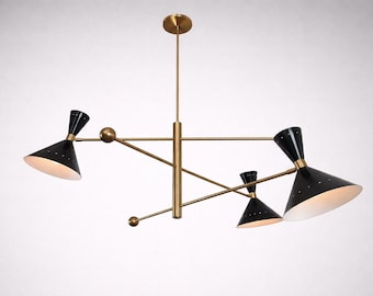 Mid Century Modern Black Chandelier, 3 Arm Sputnik Ceiling Fixture, Brass Rod Pendant, Italian Vintage Style Light for Dining Room