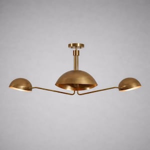 Modern Brass Semi Flush Chandelier, 3 Dome Shade Ceiling Light, Minimal Mid Century Fixture for Kitchen Island Dining Room Decor
