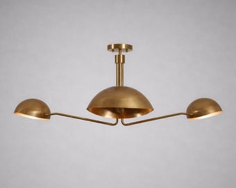 Modern Brass Semi Flush Chandelier, 3 Dome Shade Ceiling Light, Minimal Mid Century Fixture for Kitchen Island Dining Room Decor