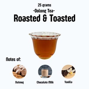 May include: A glass of roasted and toasted Oolong tea, with a dark amber hue, is displayed. The image includes text indicating 25 grams of tea and flavor notes of nutmeg, chocolate milk, and vanilla. The glass has a decorative rim.