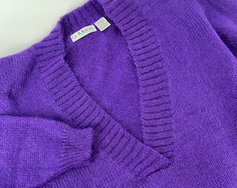 Vintage Le Moda Purple Mohair Blend V-Neck Knit Sweater Womens Large Fuzzy Soft