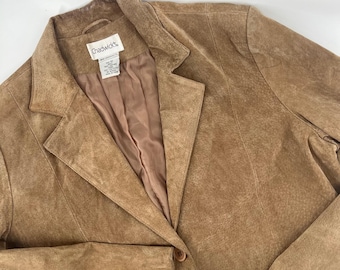 Chaqueta tipo blazer de cuero de gamuza color camel para mujer, marca Vintage Chadwicks, talla 12, color marrón, 2 botones.