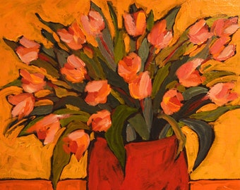 Pink Tulips Still Life Art Print, Red Vase, Floral Giclee, 10x10