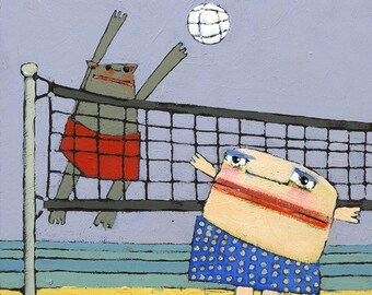 Cat Volleyball Art Print, Beach House Decor (10x10)