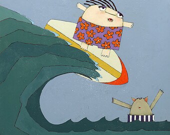 Mr. Big Head Surfing Giclee Print, Cat Art for Kids Room