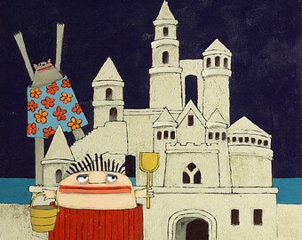 Sandcastle Cat Art Print, Whimsical Beach House Decor (10x10)