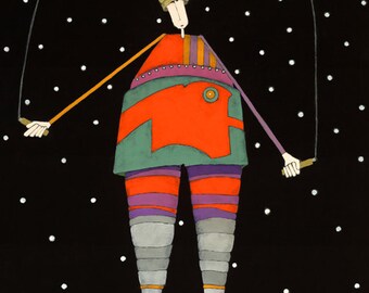 Circus Acrobat Art Print, Whimsical Night Sky, Signed Giclee