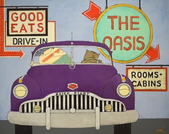1949 Buick Roadmaster Art Print – Whimsical Cat in Car Giclée