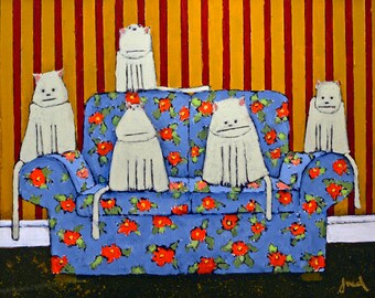 Cats on Sofa Art Print, Whimsical Feline Artwork (11x14)