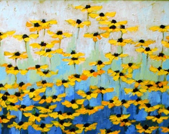 Black Eyed Susans Giclee Print - Impressionistic Yellow Flower Art, 12x24