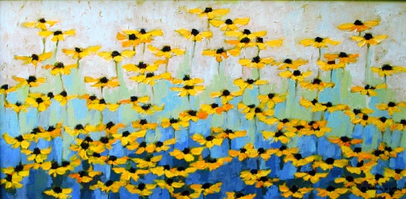 Black Eyed Susans Giclee Print - Impressionistic Yellow Flower Art, 12x24