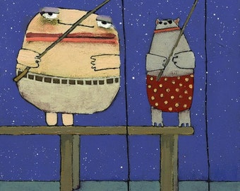 Whimsical Fishing Art Print, Mr. BigHead and Murray, Signed Giclee