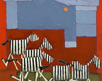Zebras Giclée Art Print, Colorful Kids Room Decor (14x14)