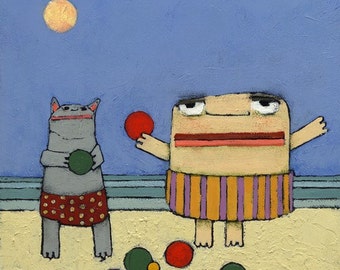 BigHead and Bocci Giclee Print, Whimsical Kids Room Art (10x10)
