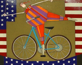 Whimsical Bicycle Art Print, "Ooter", Patriotic Decor