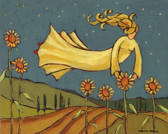 Tuscan Sunflower Giclée Print: Figurative Whimsical Landscape Art, 16 x 20