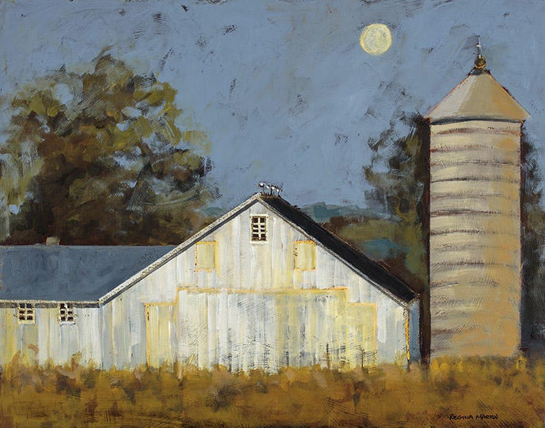 White barn painting/white barn print/barn landscape art/farm Etsy