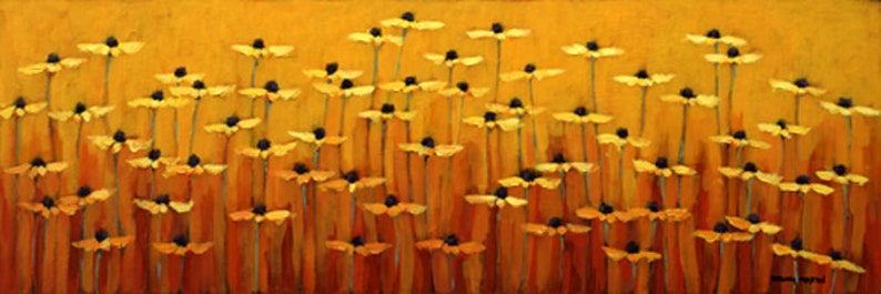 May include: A painting of a field of yellow wildflowers with a textured background. The flowers are painted in a realistic style with a focus on the details of the petals and stems.