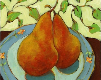 Two Pears Still Life Giclee Print – Dining Room Fruit Art (16x16)