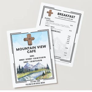 May include: Two menu cards for Mountain View Cafe. One card features the cafe's name, hours, and a watercolor landscape. The other card displays the breakfast menu, including plates and sandwiches. Both cards have a wooden cross graphic.