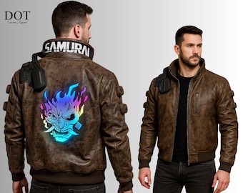 Giacca da samurai Cyberpunk V – Bomber in pelle marrone / Stampa Oni sul retro al neon / Capospalla ispirato a Game V
