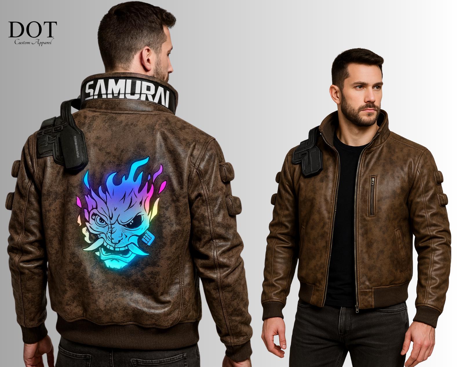 VR× CYBERPUNK LEATHER BOMBER JACKET Cyberpunk V Samurai Jacket – Brown Leather Bomber | Neon Oni Back