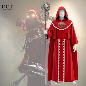 May include: A red hooded robe with a white collar and trim, featuring a skull emblem and a staff topped with a skull. The costume is displayed on a mannequin. The logo "DOT Custom Apparel" is in the upper left corner.